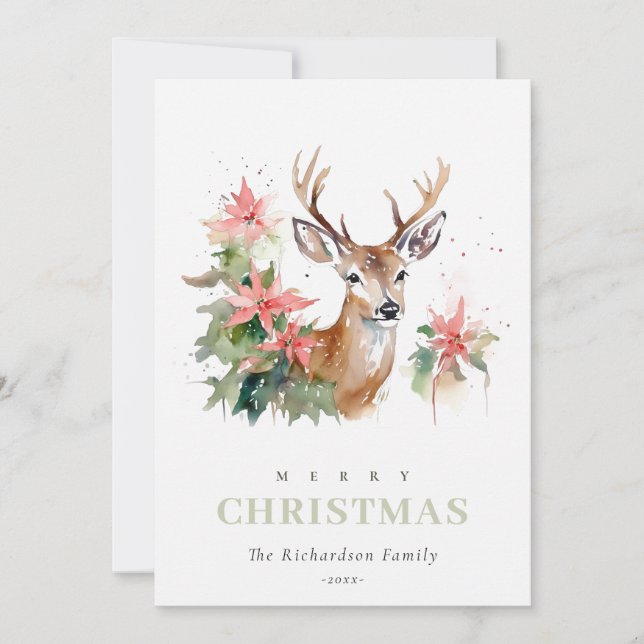 Watercolor Reindeer Poinsettia Christmas Foliage Holiday Card (Front)