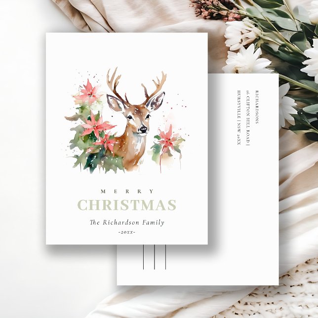 Watercolor Reindeer Poinsettia Christmas Foliage Holiday Postcard (Creator Uploaded)