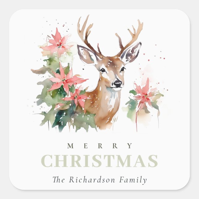 Watercolor Reindeer Poinsettia Christmas Foliage Square Sticker (Front)