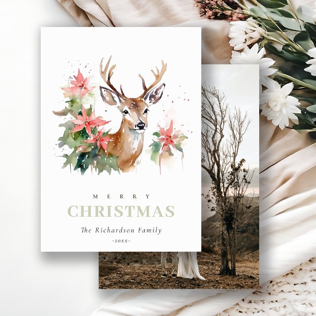 Watercolor Reindeer Poinsettia Christmas Photo Holiday Card (Creator Uploaded)