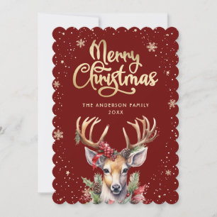 Watercolor Reindeer Red Gold Christmas Card