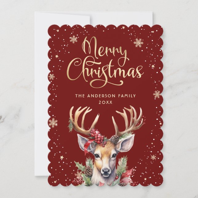 Watercolor Reindeer Red Gold Christmas Card (Front)