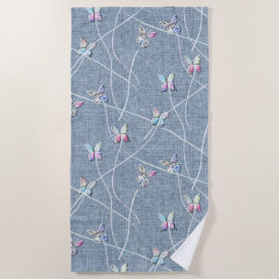 Watercolor Relief Butterflies on Denim Blue Linen Beach Towel