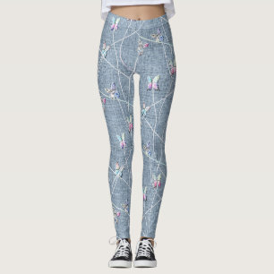 Watercolor Relief Butterflies on Denim Blue Linen Leggings