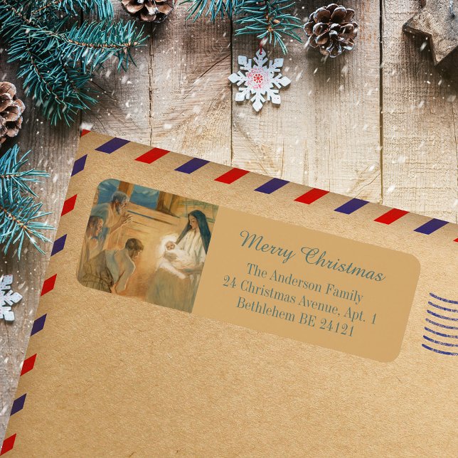 Watercolor Religious Christian Merry Christmas (Watercolor Modern Religious Christian Catholic Merry Christmas Holiday Return Address Labels)