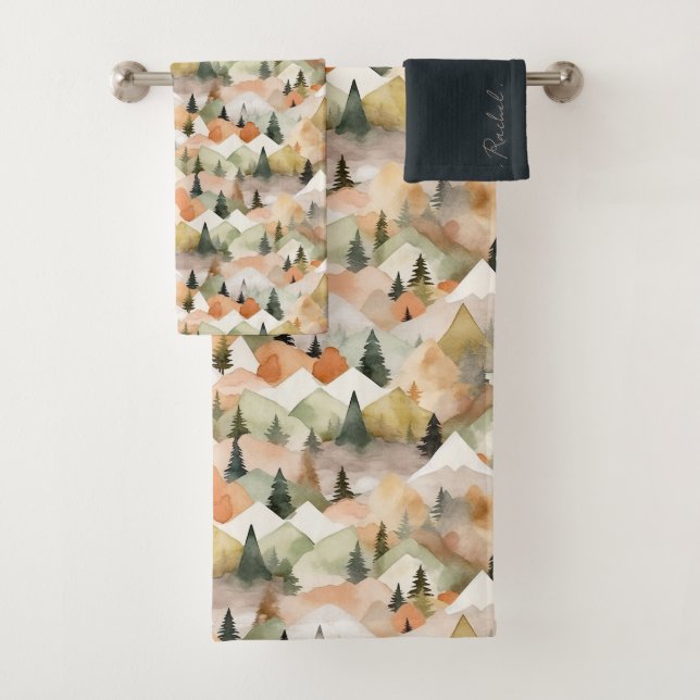 Watercolor Repeat Mountain Tree Boho Monogram Bath Towel Set (Insitu)