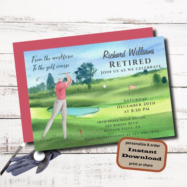 Watercolor Retired Golf Men On Golf Course Invitation (Creator Uploaded)