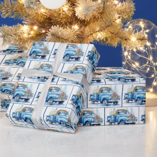 Watercolor Retro Blue Truck In Snowflakes Wrapping Paper