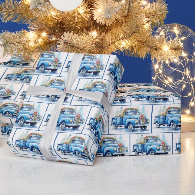 Watercolor Retro Blue Truck In Snowflakes Wrapping Paper (Holidays)