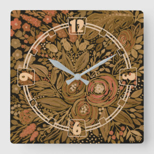 Watercolor retro brown black beige sepia floral fl square wall clock