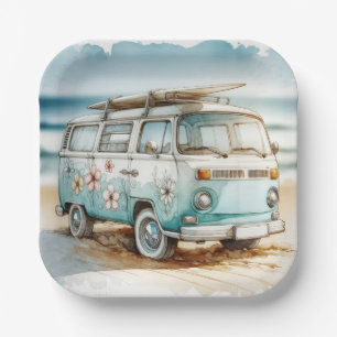 Watercolor Retro Campervan With Surfboard Paper Plate