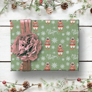 Watercolor Retro Pug Dog Christmas Wrapping Paper