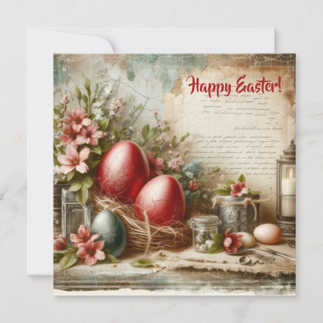 Watercolor retro red Easter eggs spring flowers Holiday Card (Front)