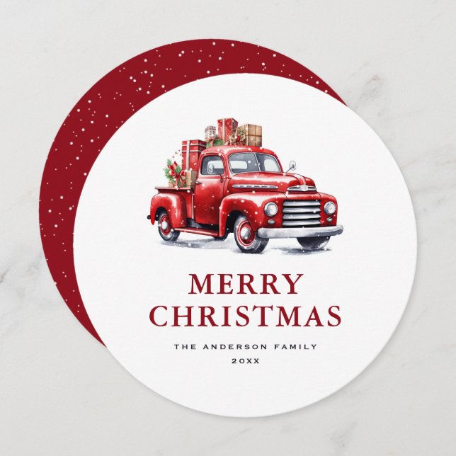 Watercolor Retro Red Truck Merry Christmas Card (Front/Back)