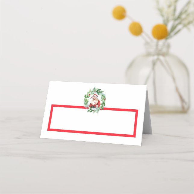 Watercolor Retro Santa Red Check Christmas Place Card (Front)
