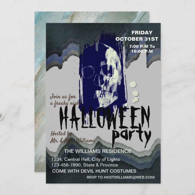 Watercolor Retro Skull Skeleton Halloween Art Invitation (Front/Back)