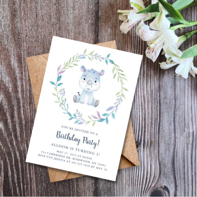 Watercolor Rhino Birthday Party Invitation (Creator Uploaded)