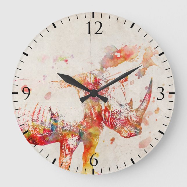 Watercolor Rhino Digital Painting Large Clock (Front)