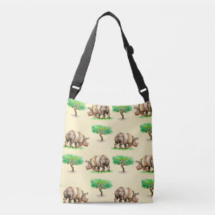 Watercolor Rhino: Hand Painted Pattern. Crossbody Bag