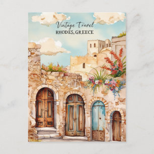 Watercolor Rhodes Greece Travel Poster  Mediterra Holiday Postcard