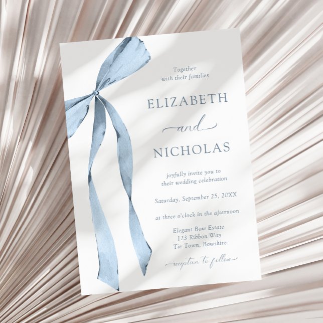 Watercolor Ribbon Bow Dusty Blue Wedding Invitation (Creator Uploaded)