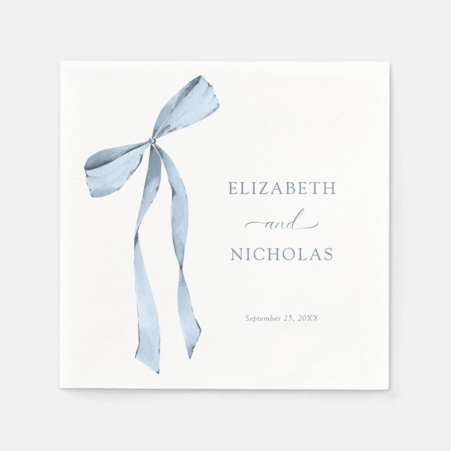 Watercolor Ribbon Bow Dusty Blue Wedding Napkin (Front)