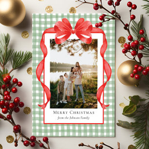 Watercolor Ribbon Gingham Holiday Greeting Card