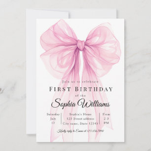 Watercolor Ribbon Girl 1st Birthday Invite Templat