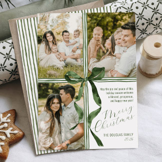 Watercolor Ribbon Green Bow Modern Photo Christmas Holiday Card