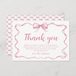 Watercolor Ribbon Pink Bow Girl Ribbon Baby Shower Thank You Card