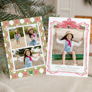 Watercolor Ric Rac Ribbon Bow Frame Christmas Holiday Card