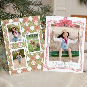 Watercolor Ric Rac Ribbon Bow Frame Christmas Holiday Card