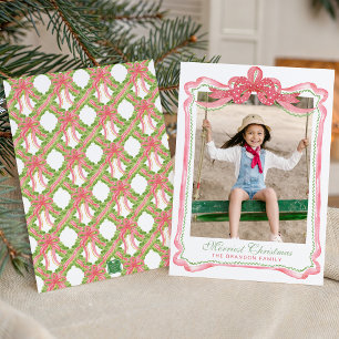 Watercolor Ric Rac Ribbon Bow Frame Christmas Holiday Card