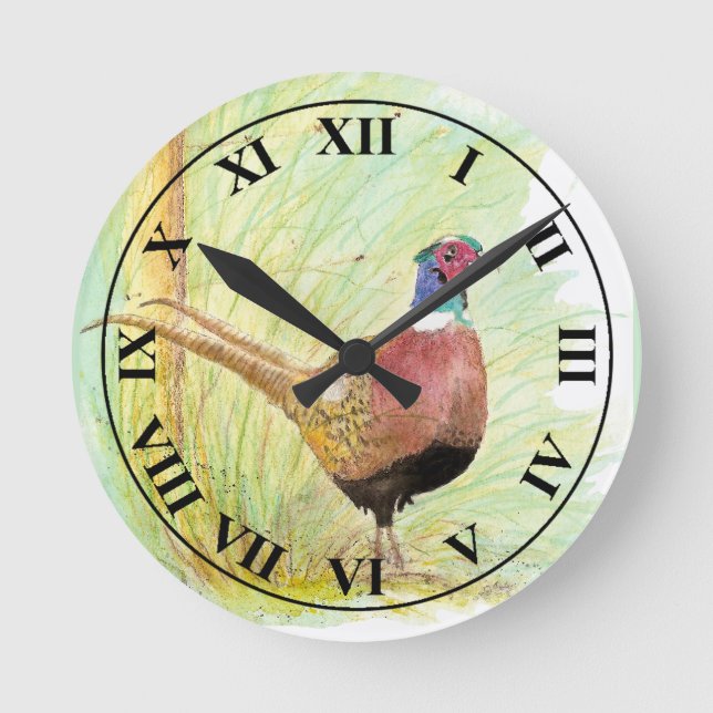 Watercolor Ring-Necked Pheasant Game Bird Round Clock (Front)