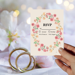 Watercolor Ring of Flowers on Beige RSVP Card