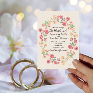 Watercolor Ring of Flowers on Beige Wedding Invita Invitation