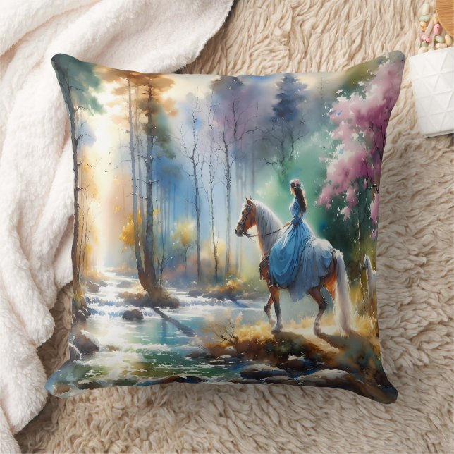 Watercolor River Horsewoman Forest Light Cushion (Blanket)