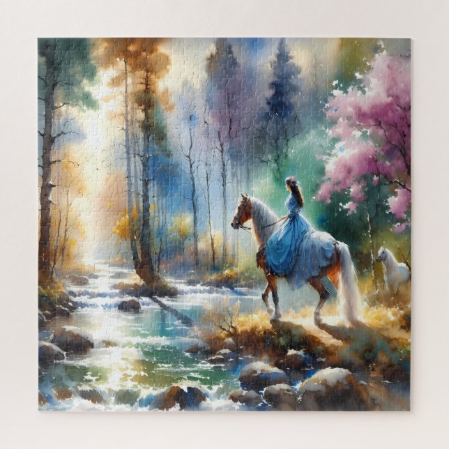 Watercolor River Horsewoman Forest Light Jigsaw Puzzle (Vertical)