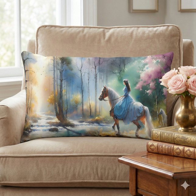 Watercolor River Horsewoman Forest Light Lumbar Cushion (Watercolor River Horsewoman Forest Light Lumbar Pillow Mockup A)