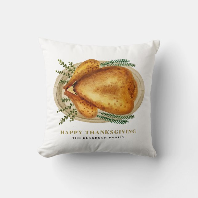 Watercolor Roasted Turkey Dinner Thanksgiving Cushion (Front)