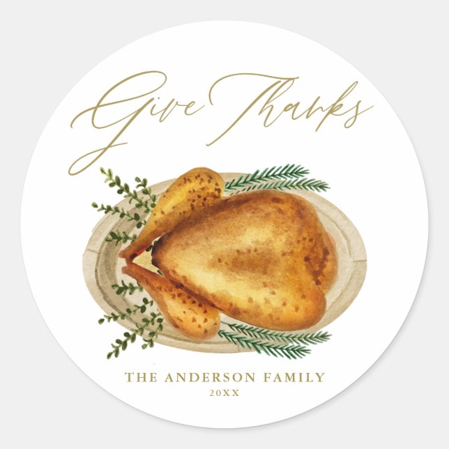 Watercolor Roasted Turkey Thanksgiving Thank You Classic Round Sticker (Front)