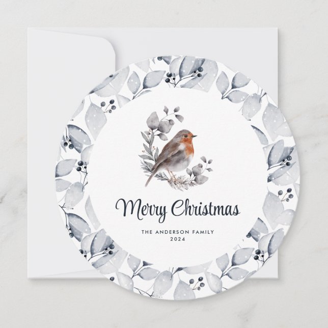 Watercolor Robin Bird Classic Merry Christmas Card (Front)