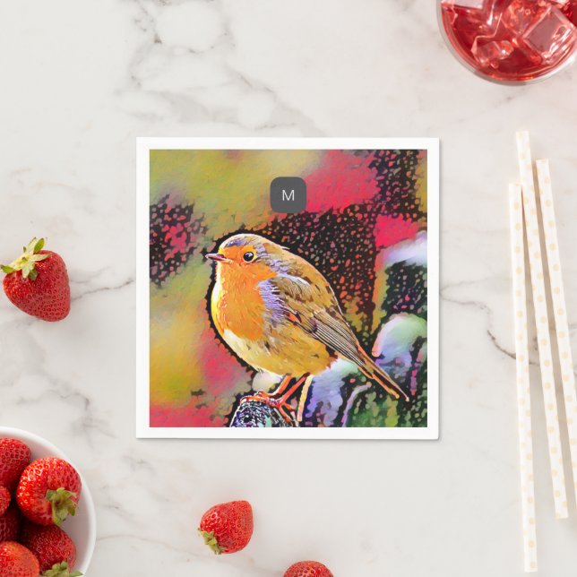 Watercolor robin bird monogrammed napkin (Insitu)