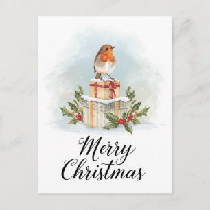 Watercolor Robin Gifts Holly Merry Christmas Holiday Postcard