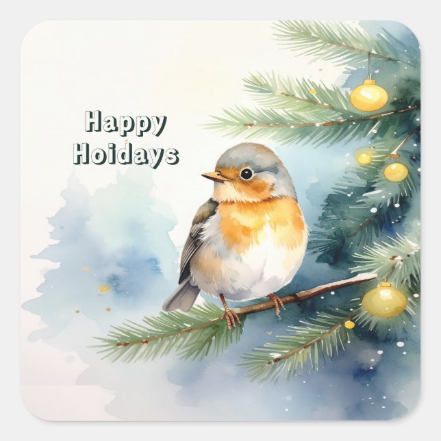 Watercolor Robin on a Pine Branch Sticker (Front)