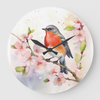 Watercolor Robin on Spring Cherry Blossom Branch Large Clock