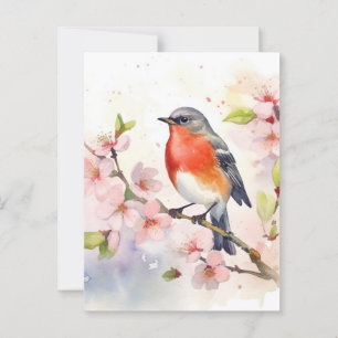 Watercolor Robin on Spring Cherry Blossom Branch Postcard