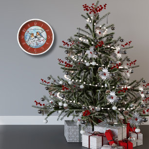 Watercolor Robins Christmas Wall Clock
