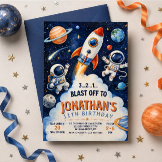 Watercolor Rocket Astronaut Space Birthday Invitation