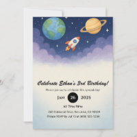 Watercolor Rocket in Dreamy Outer Space Birthday 
